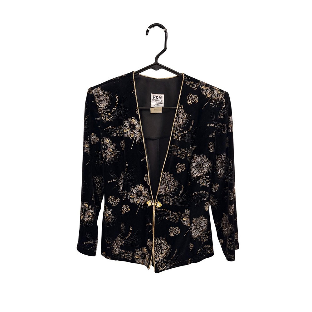 Jacket Vintage‎ Whimsigoth R&M Richards Women 6P Black Gold Silver Floral Velvet